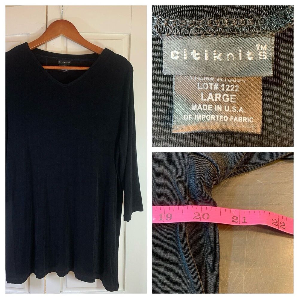 Citiknits‎ Travel Knit Slinky Top Womens Large Black Blouse Witchy Goth Mature